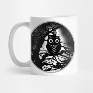 little owl sitting on a tree under a full moon Mug